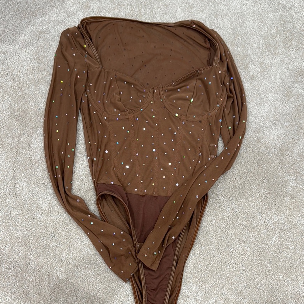 Brown Rhinestone Long Sleeve Bodysuit